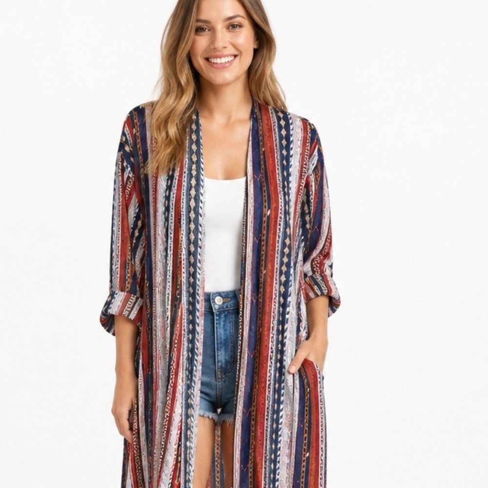Grace & Emma Women Boho Stripe Duster Cardigan Sheer Open Front Kimono Rust M/L